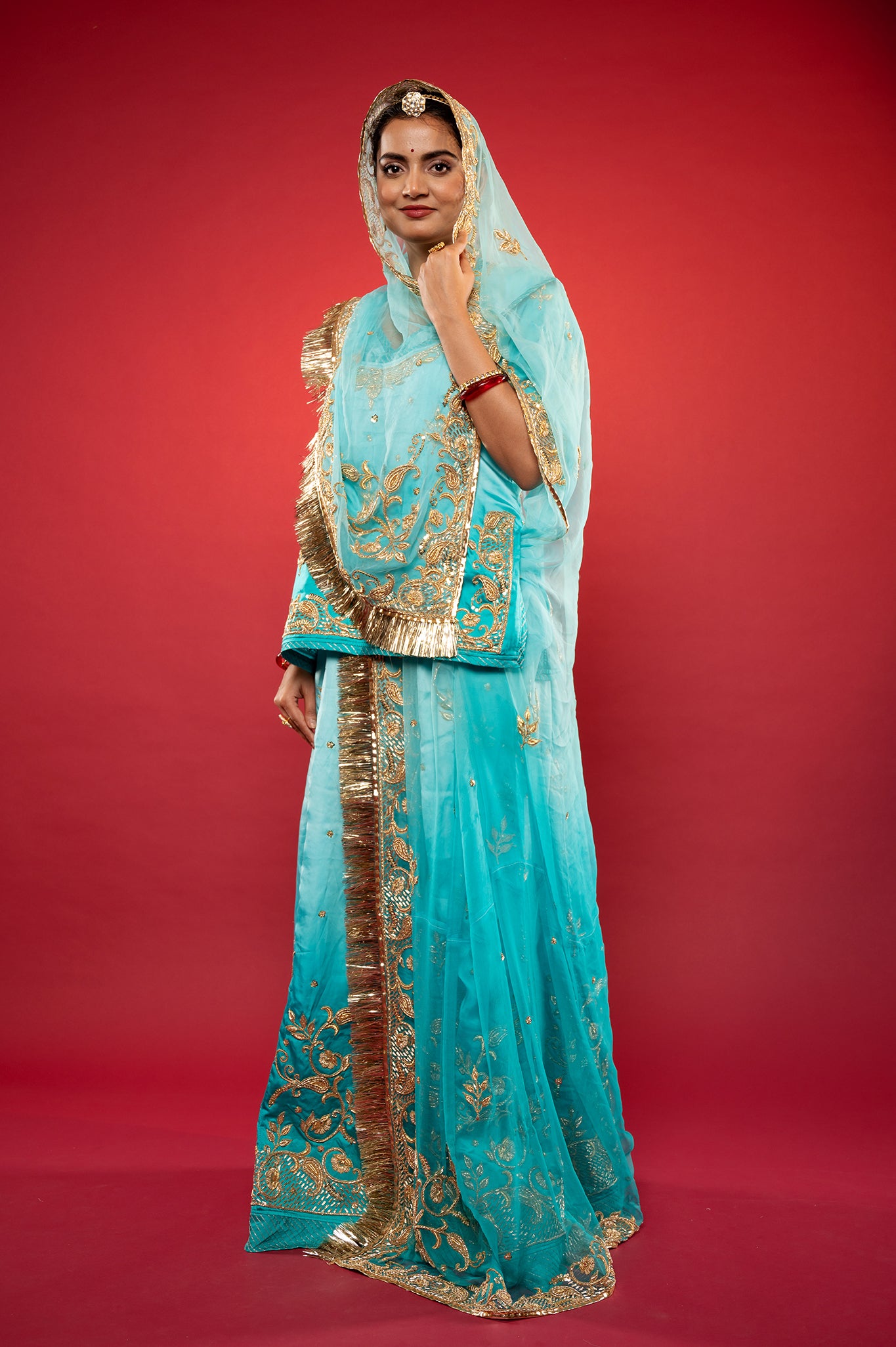 Sky blue light dark bamber Satin zardozi handwork rajputi Poshak  with Pure odhna
