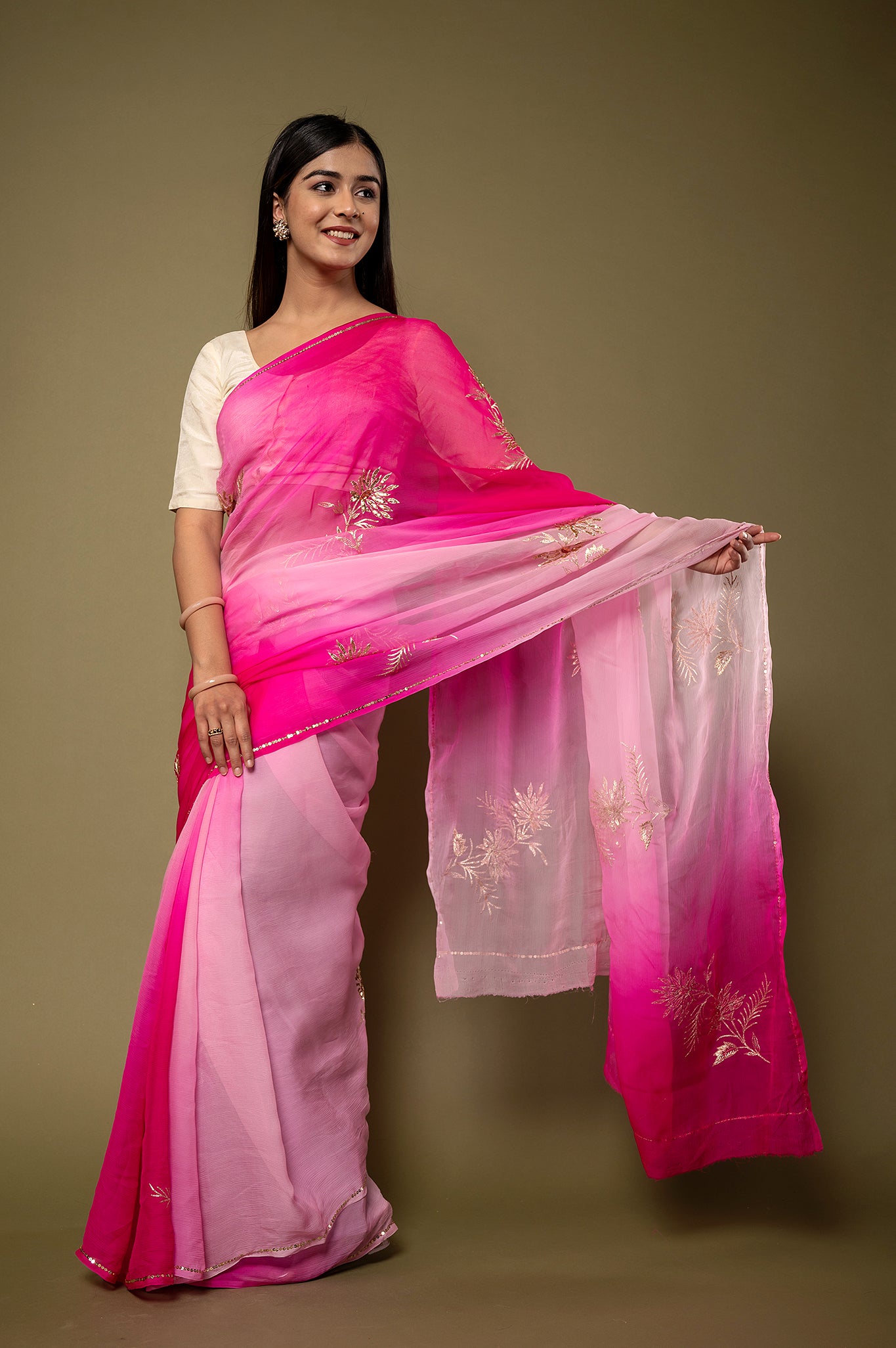 Pink light dark viscose chiffon aari sequins handwork casual wear saree