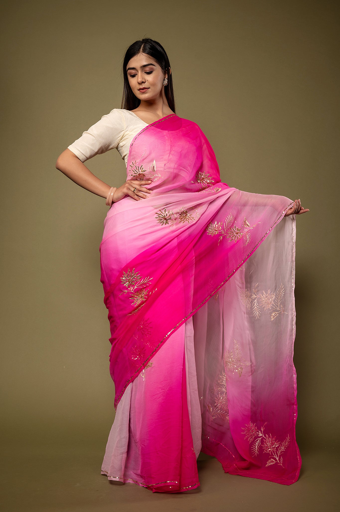 Pink light dark viscose chiffon aari sequins handwork casual wear saree