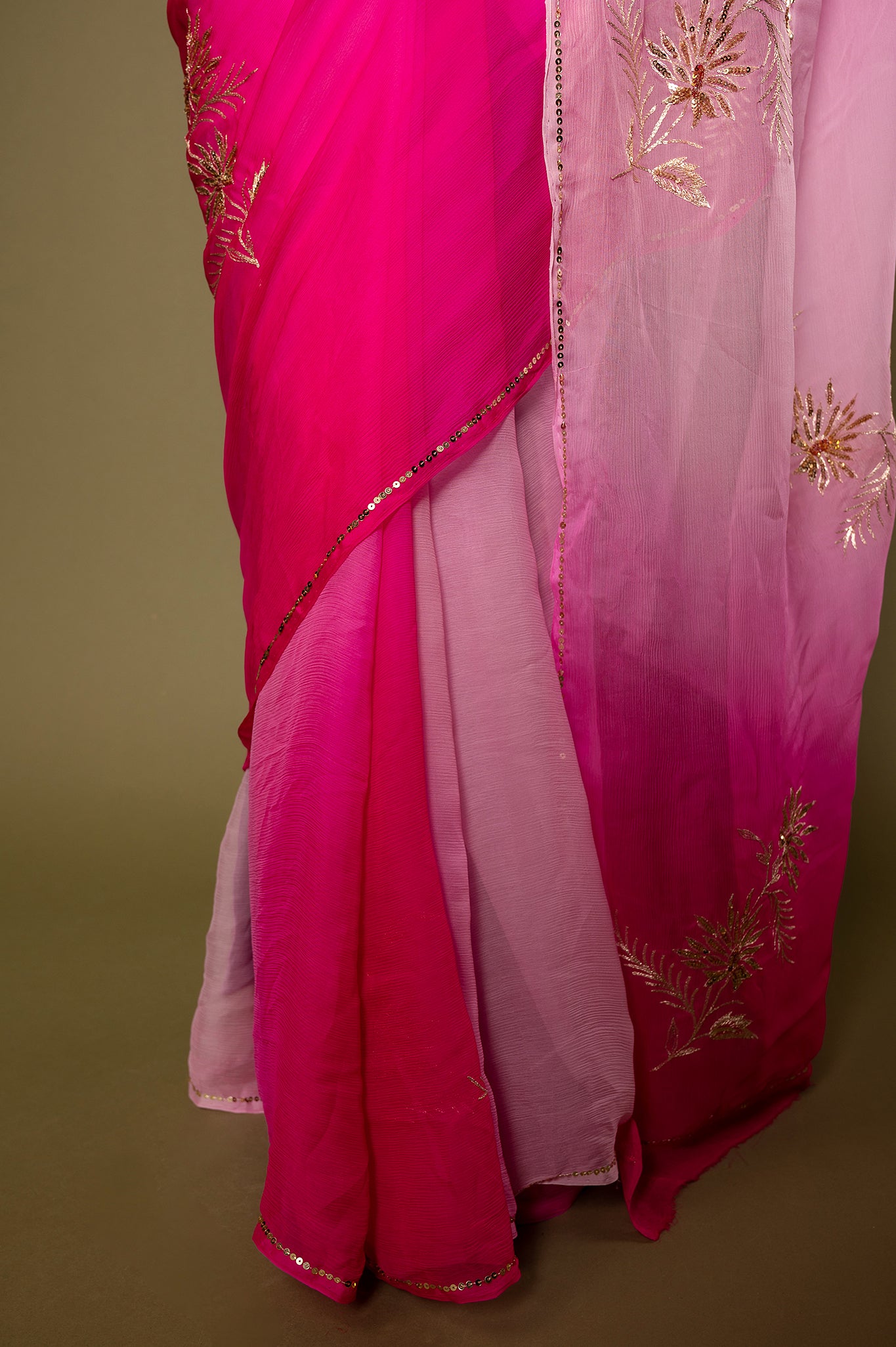 Pink light dark viscose chiffon aari sequins handwork casual wear saree