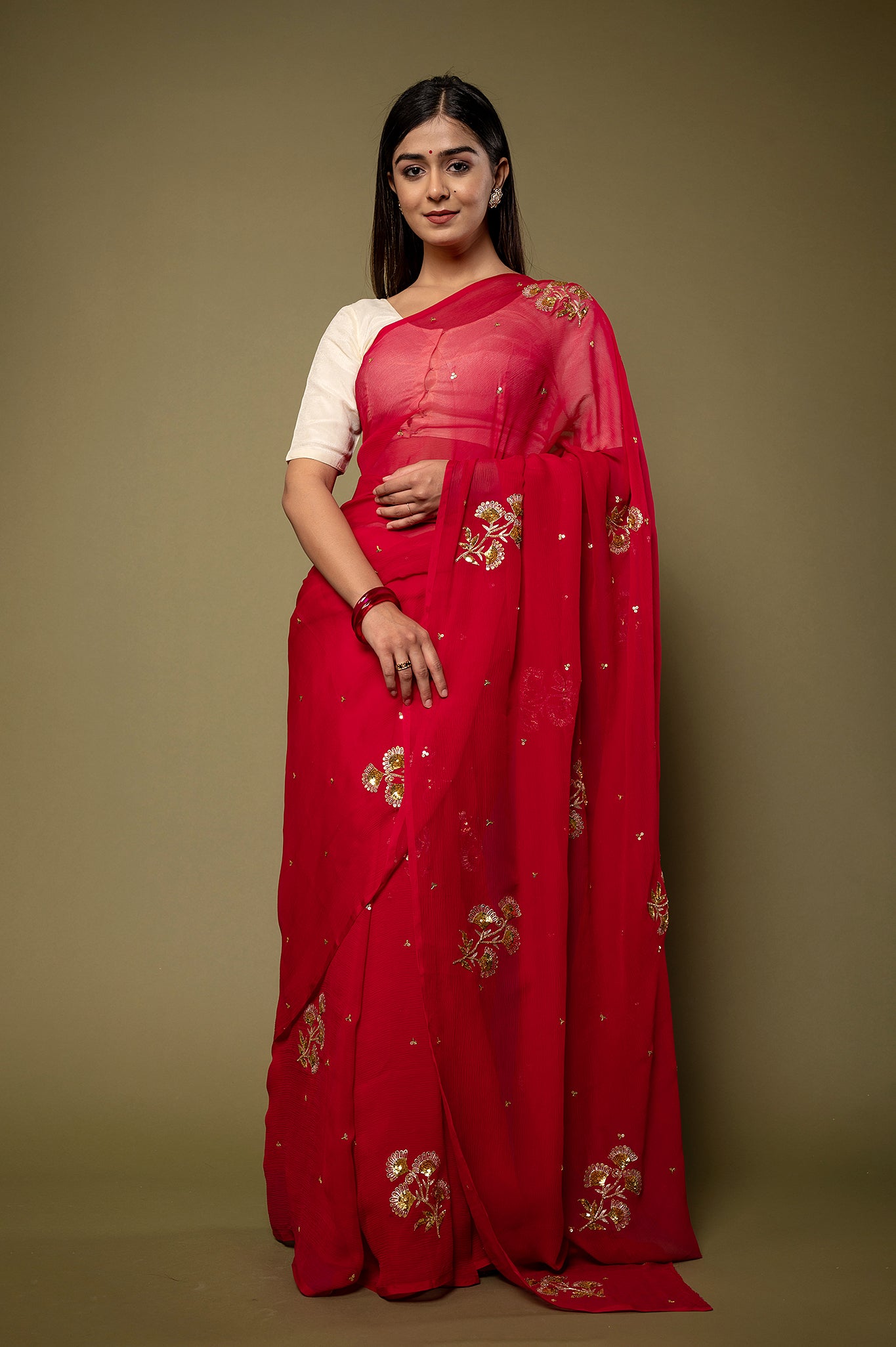 Red viscose chiffon aari sequins motif handwork casual wear saree