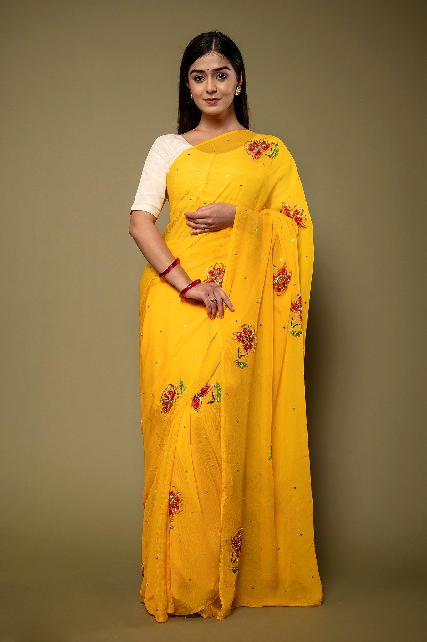 Yellow Pure chiffon sequins resham motif handwork party wear saree