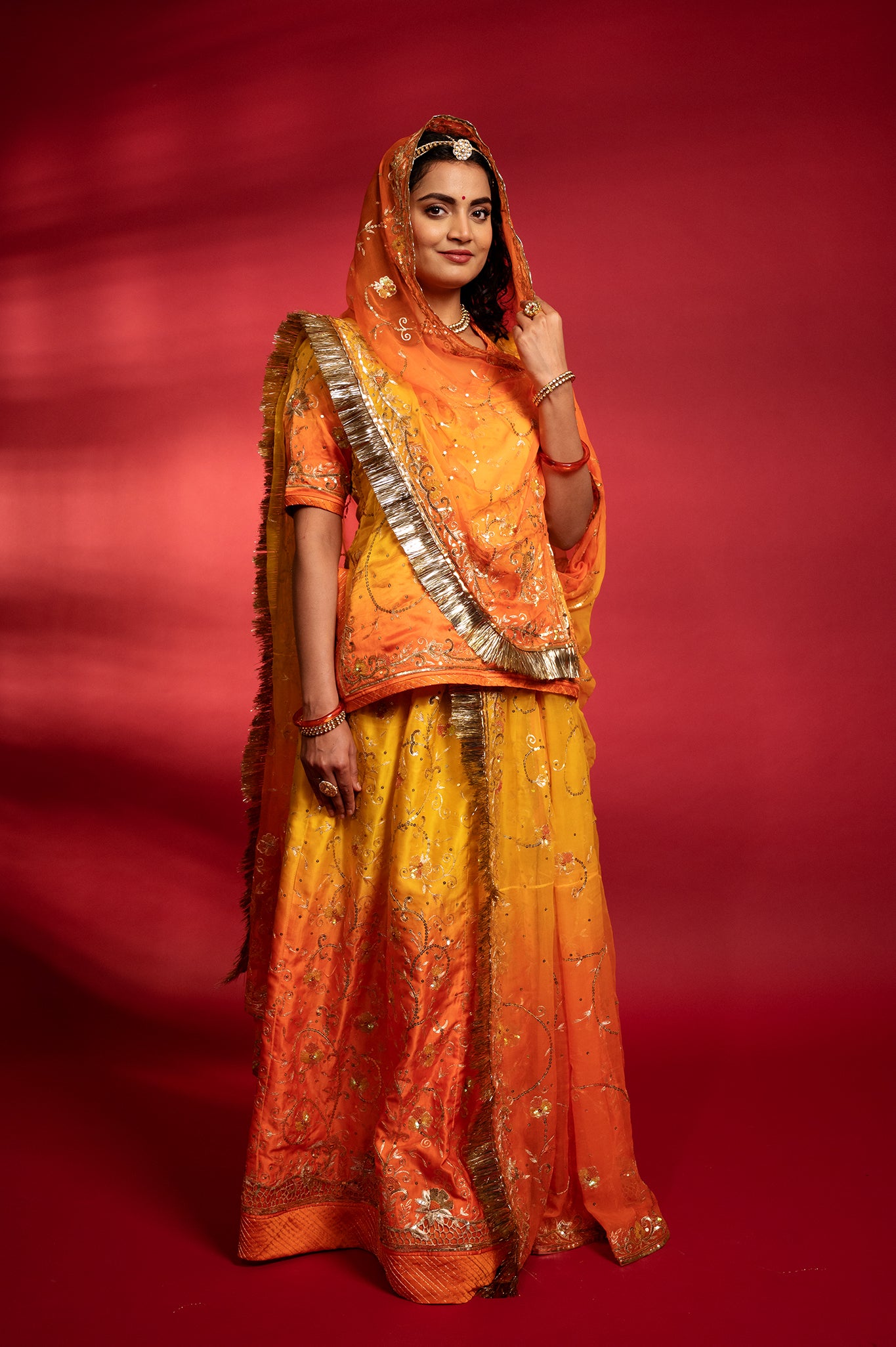 orange yellow   Pure Silk Satin Aari sequins handwork rajputi Poshak  with Pure odhna