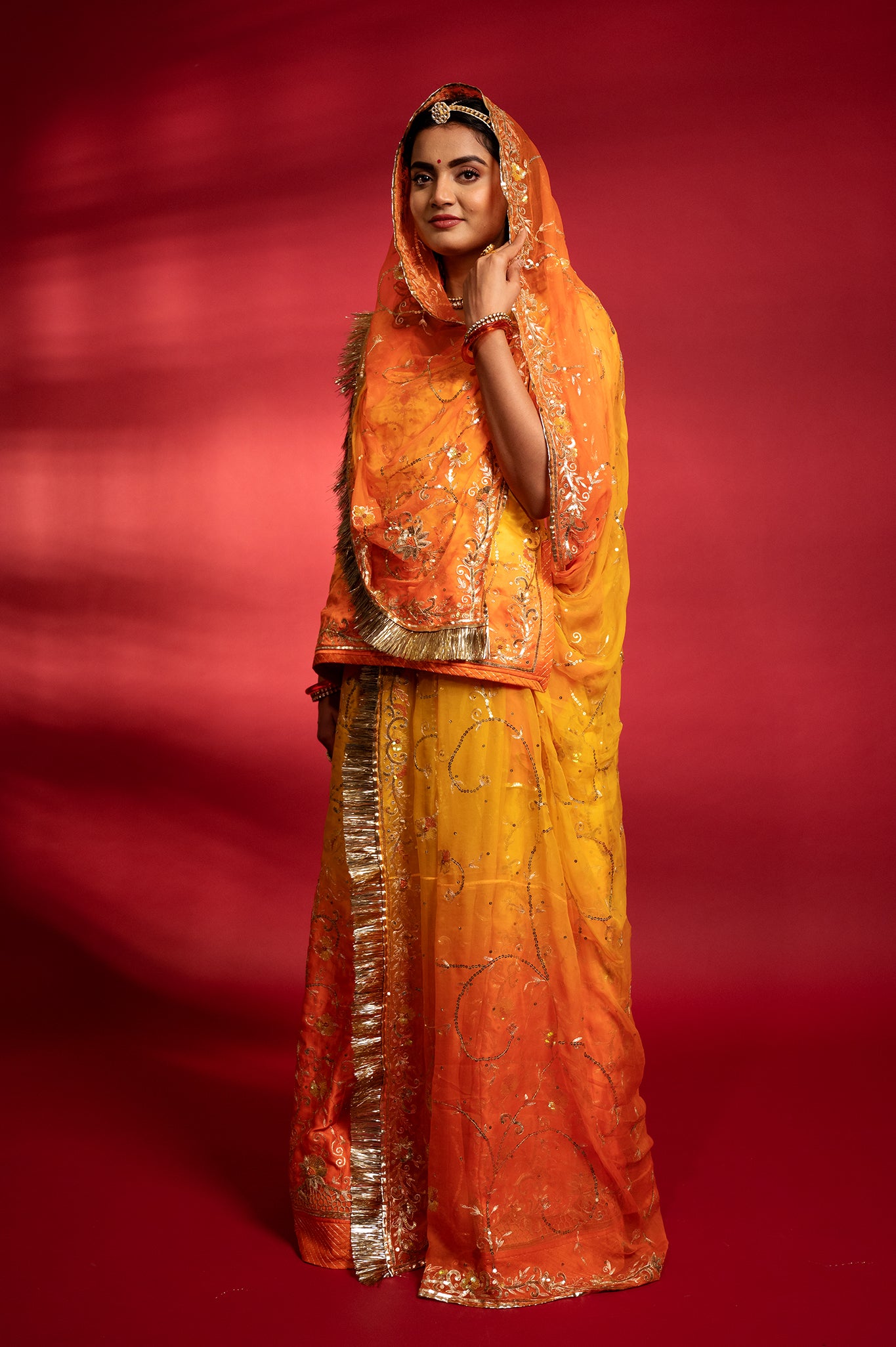 orange yellow   Pure Silk Satin Aari sequins handwork rajputi Poshak  with Pure odhna