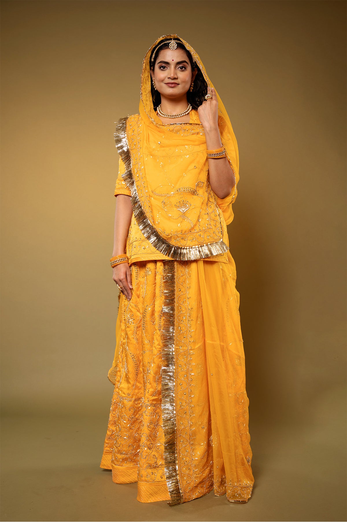 Yellow Bamber Satin Zardozi handwork Rajputi Poshak with Pure odhna