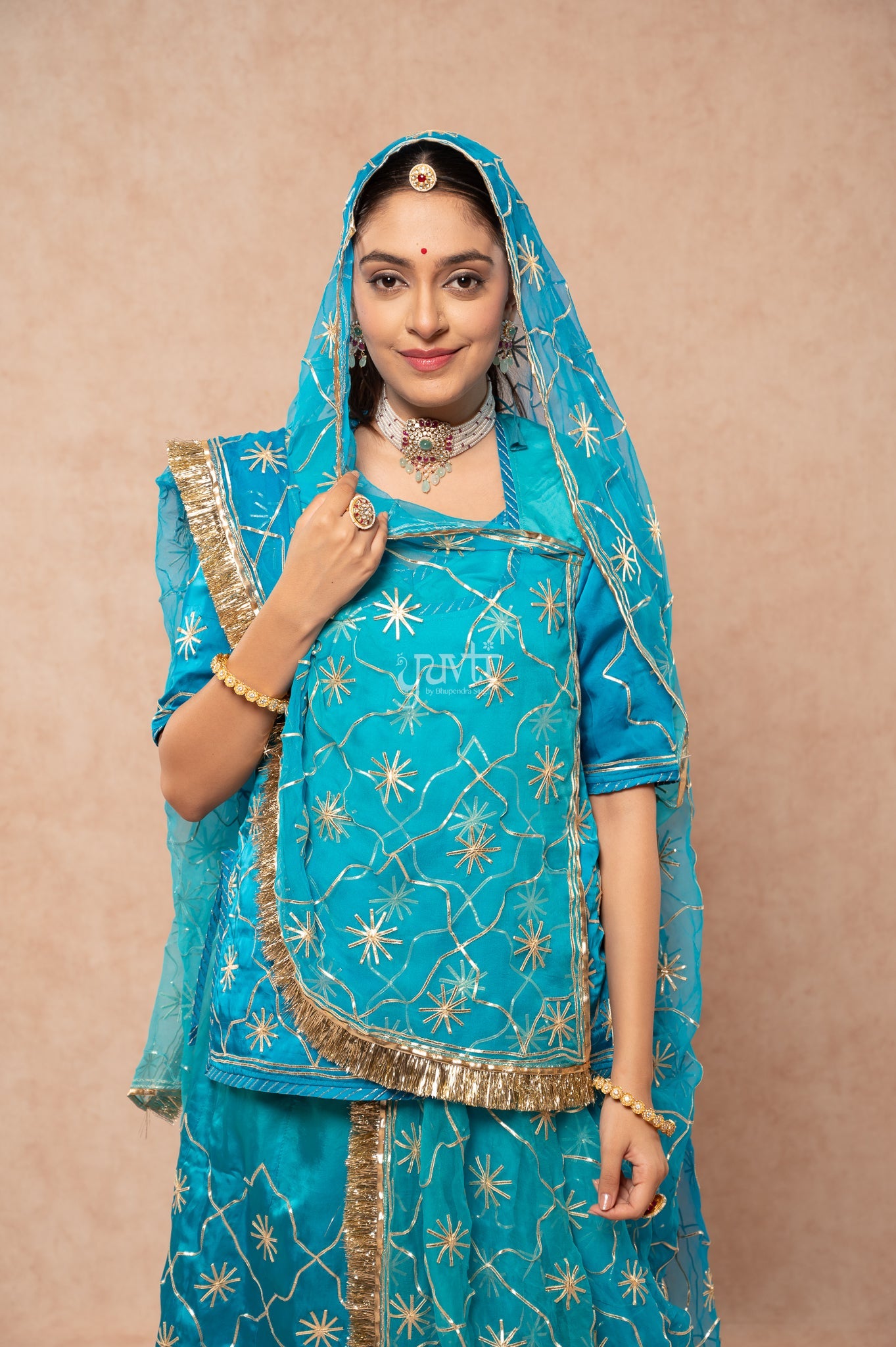 Firozi Bue Bamber Satin Sikhiya Gotta work   Poshak with Pure Odhana (unstitched)