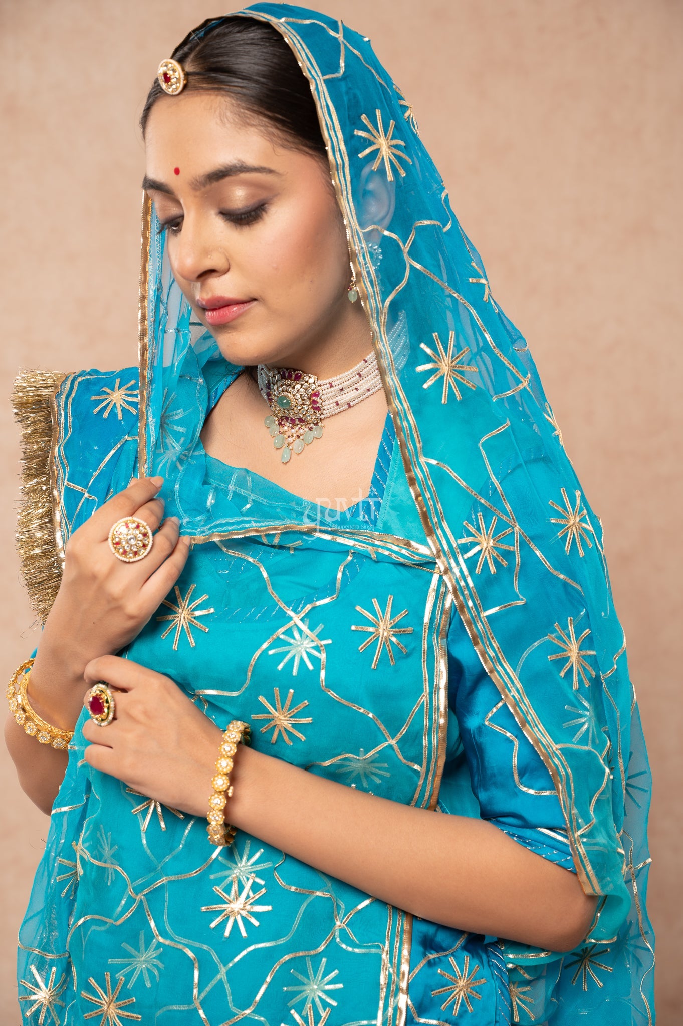 Firozi Bue Bamber Satin Sikhiya Gotta work   Poshak with Pure Odhana (unstitched)