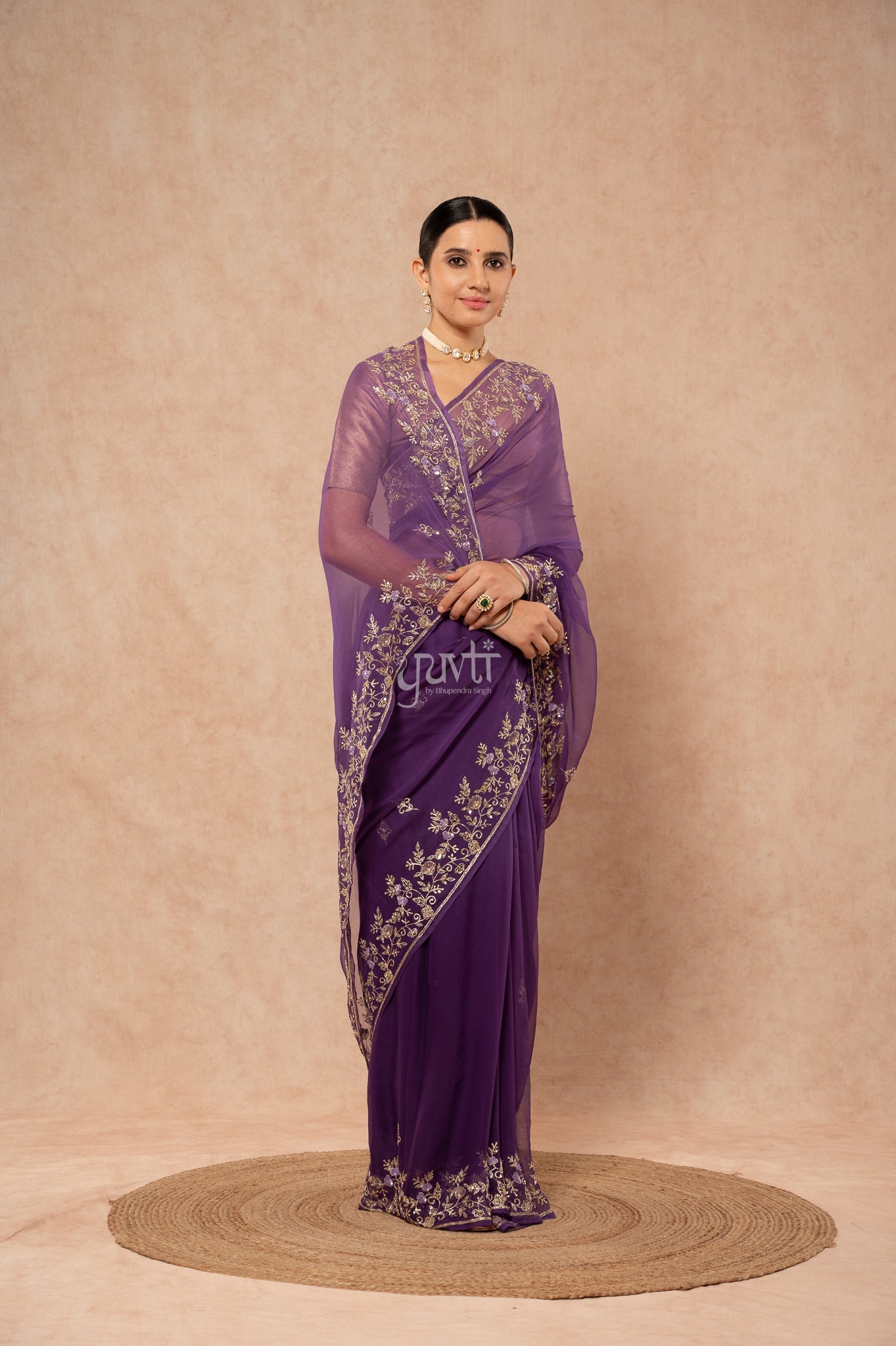 Blue Viscose Chiffon Aari Sequins Border Jaal Handwork Party wear Saree  with Blouse