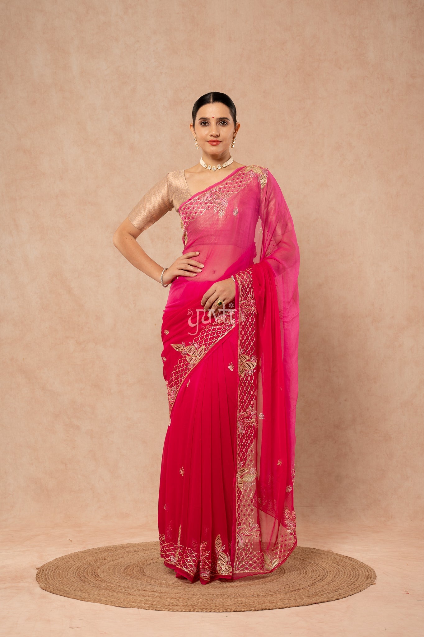 Rani Shaded Viscose Chiffon Aari Resham Sequins Cutwork Border Butti handwork  Saree  with Blouse