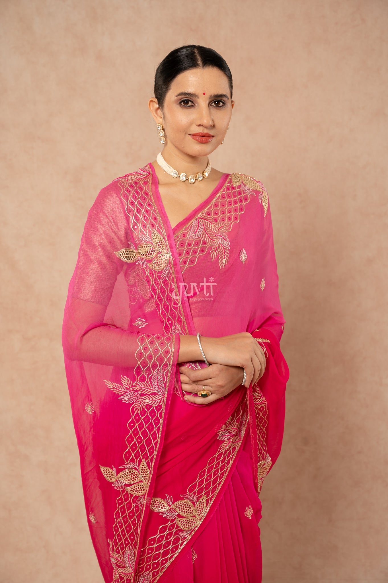 Rani Shaded Viscose Chiffon Aari Resham Sequins Cutwork Border Butti handwork  Saree  with Blouse