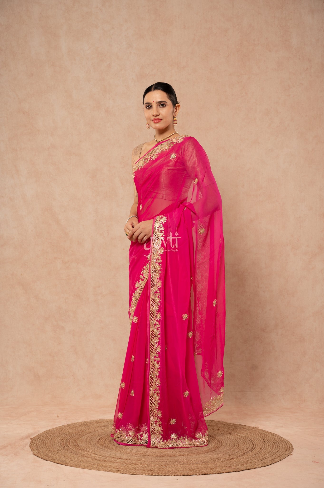 Rani Shaded Viscose Chiffon Aari Sequins Zardozi Cutwork Border Butti Handwork Party  Saree  with Blouse