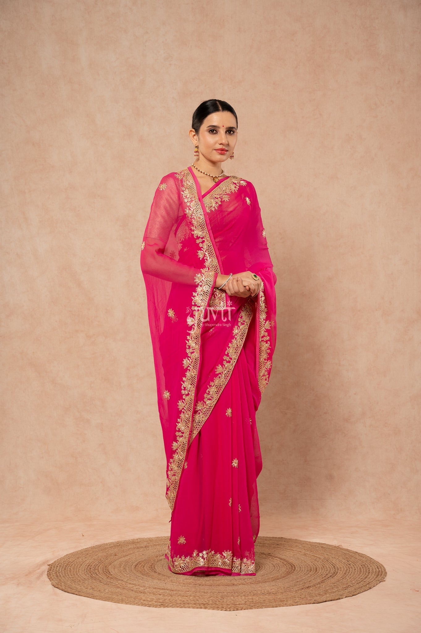 Rani Shaded Viscose Chiffon Aari Sequins Zardozi Cutwork Border Butti Handwork Party  Saree  with Blouse