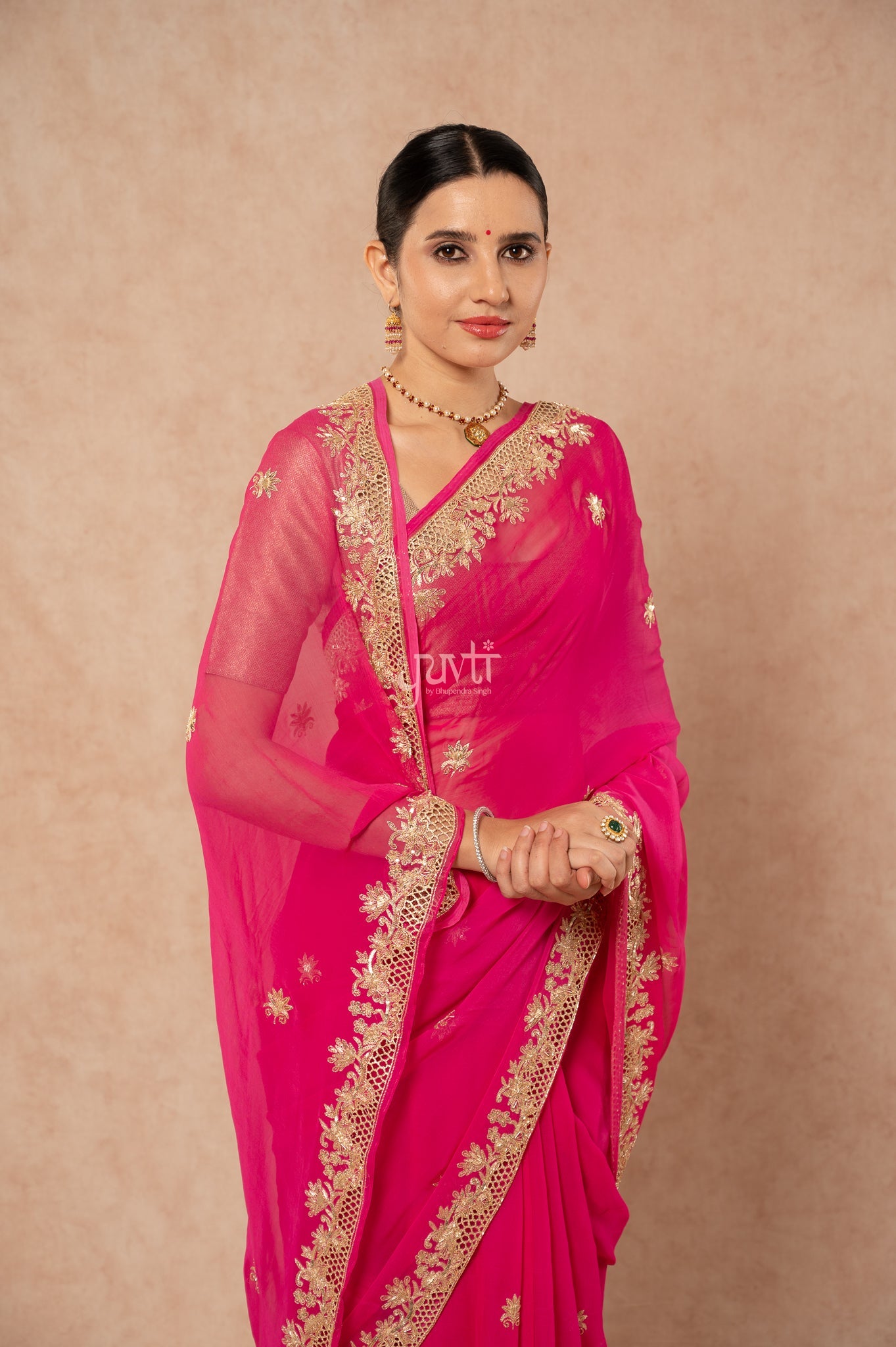 Rani Shaded Viscose Chiffon Aari Sequins Zardozi Cutwork Border Butti Handwork Party  Saree  with Blouse