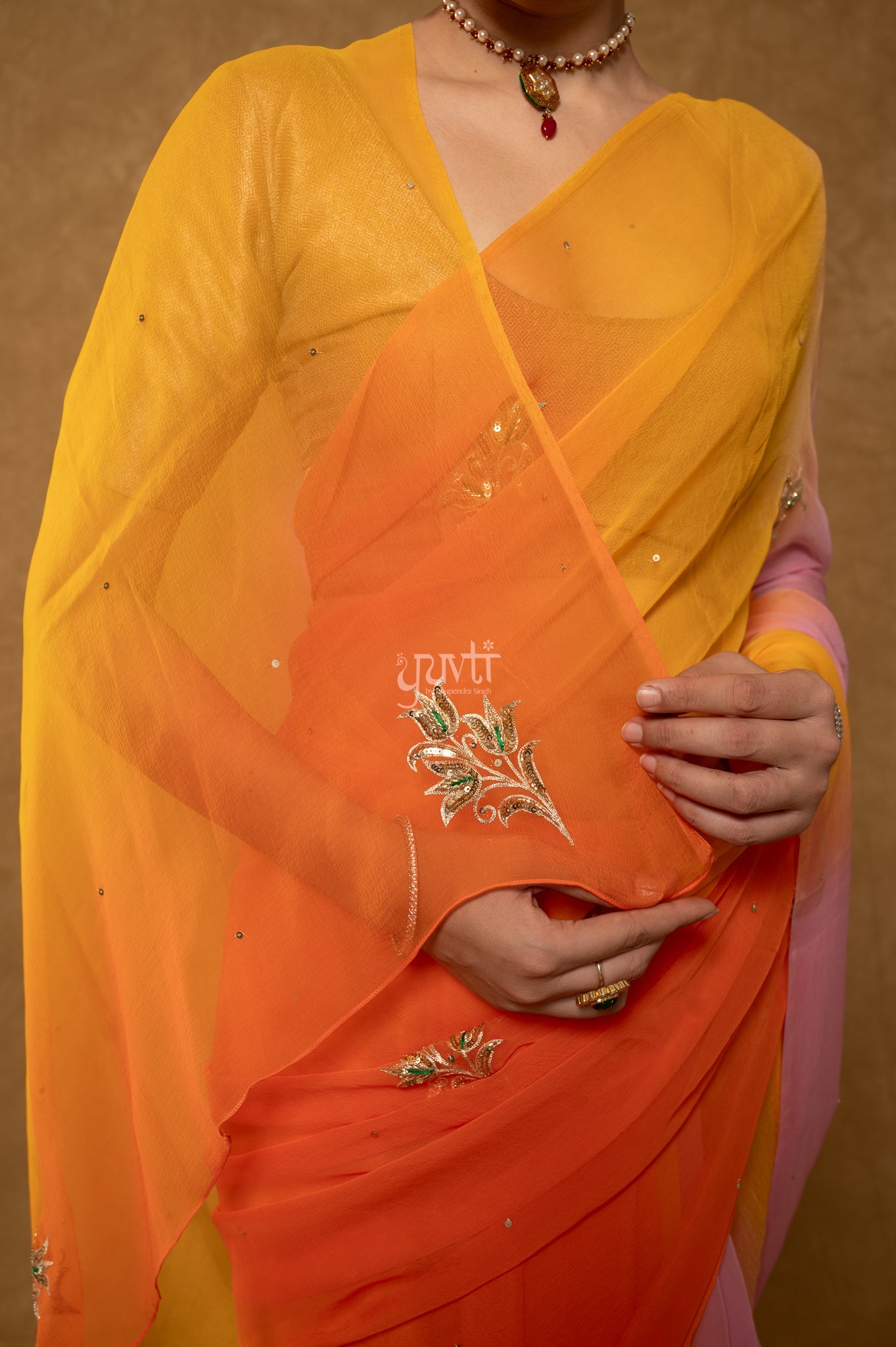 Yellow Orange Pink Multi Viscose Chiffon Aari Sequins Motifs ( Butti ) Handwork  Saree  with Blouse