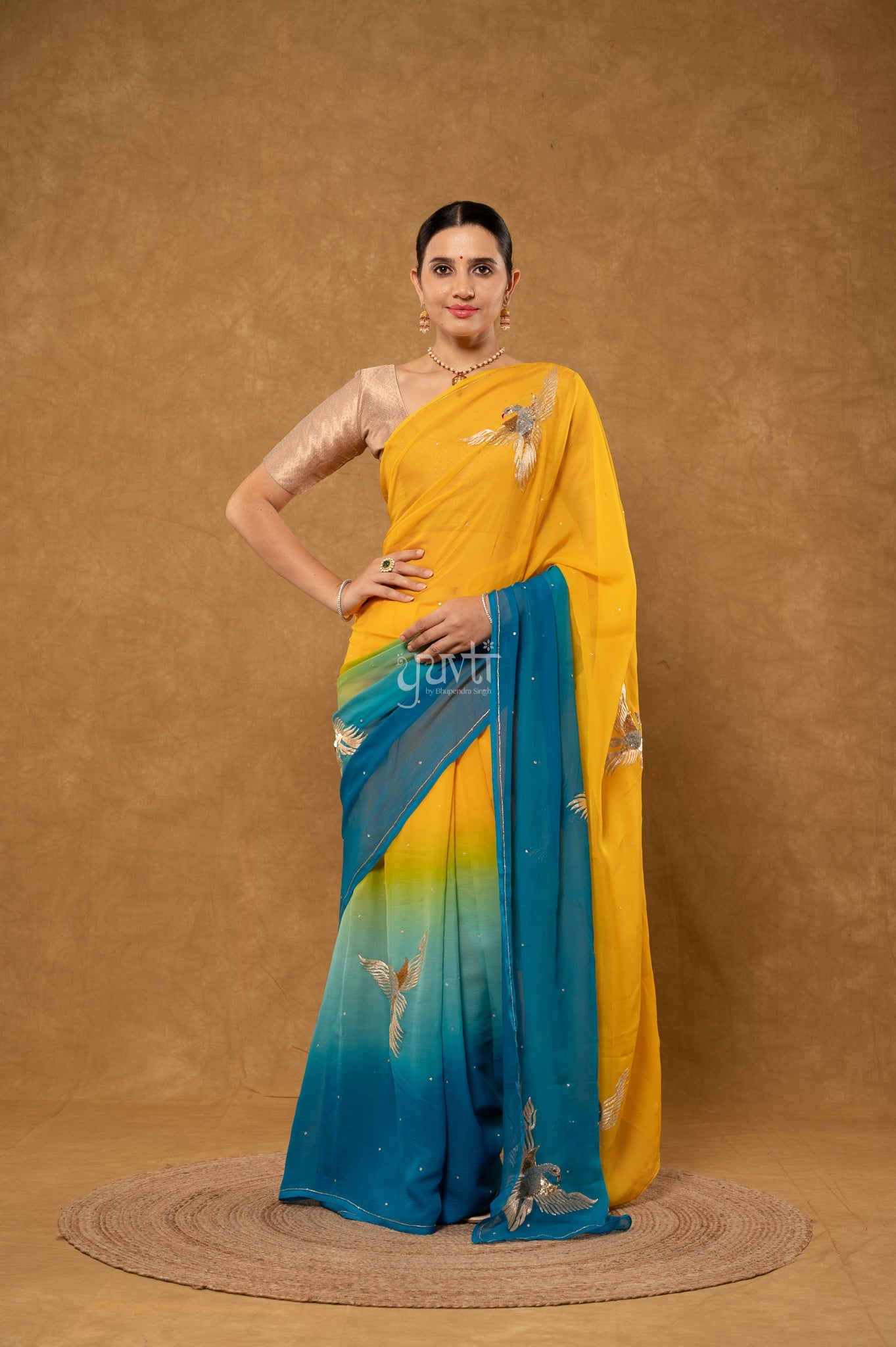 Yellow Blue Shaded Pure Chiffon Aari Sequins Motifs ( Butti ) Handwork Party wear Saree