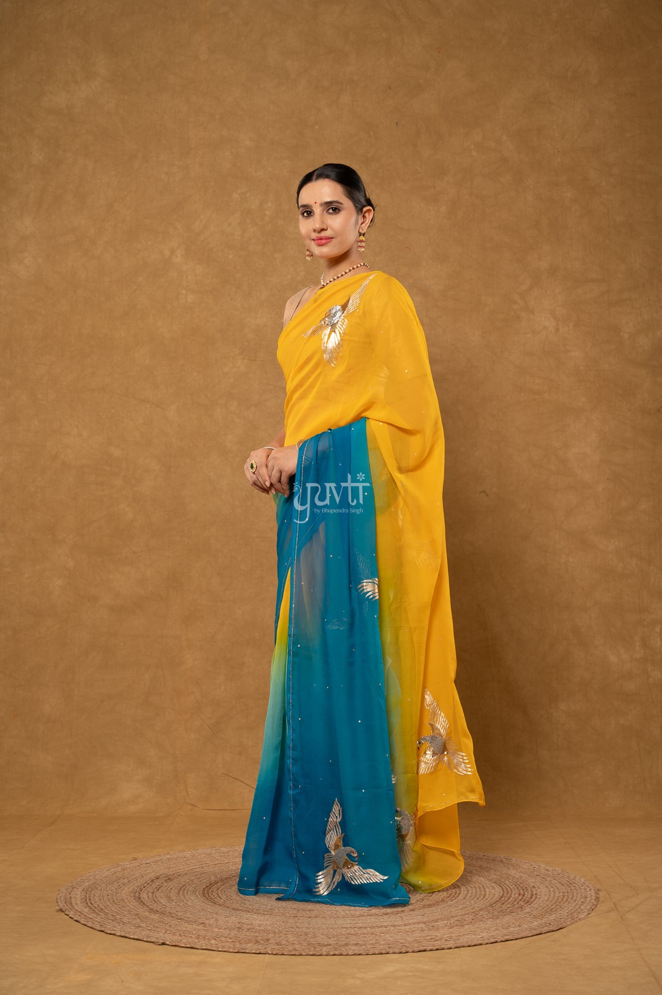 Yellow Blue Shaded Pure Chiffon Aari Sequins Motifs ( Butti ) Handwork Party wear Saree