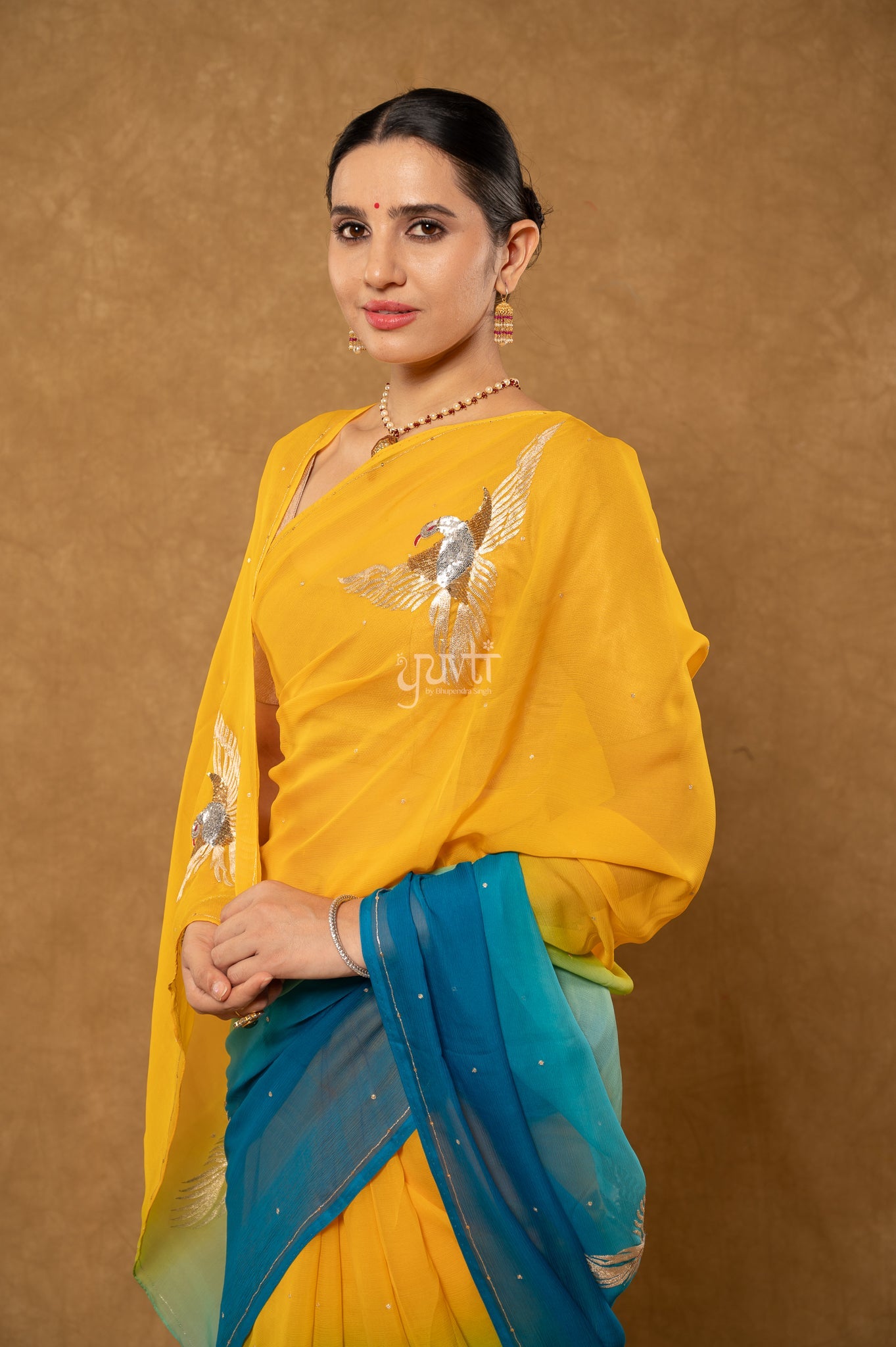 Yellow Blue Shaded Pure Chiffon Aari Sequins Motifs ( Butti ) Handwork Party wear Saree