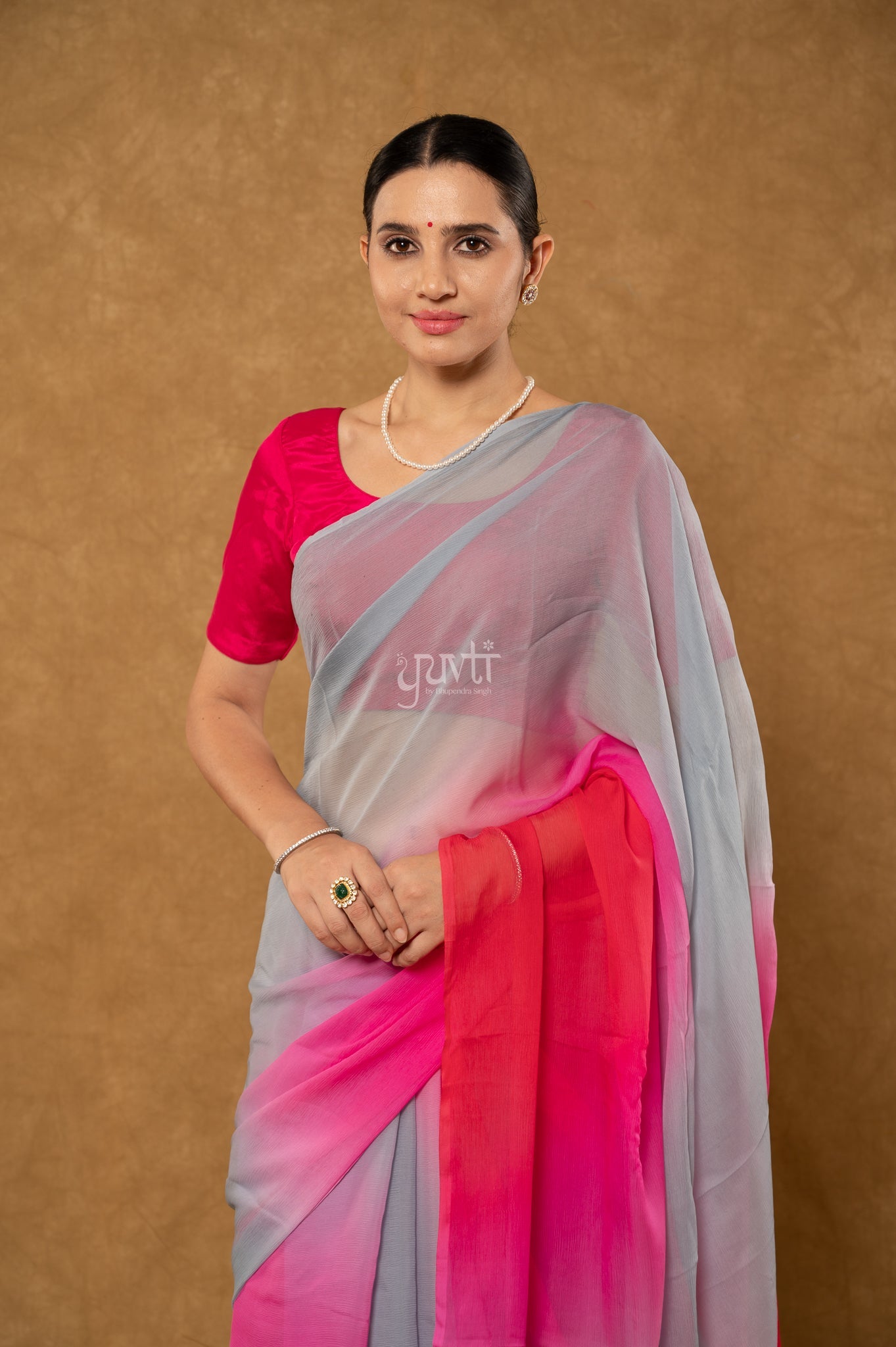 Grey Pink Red Shaded Pure Chiffon  Hand-Dye  Saree  with Blouse