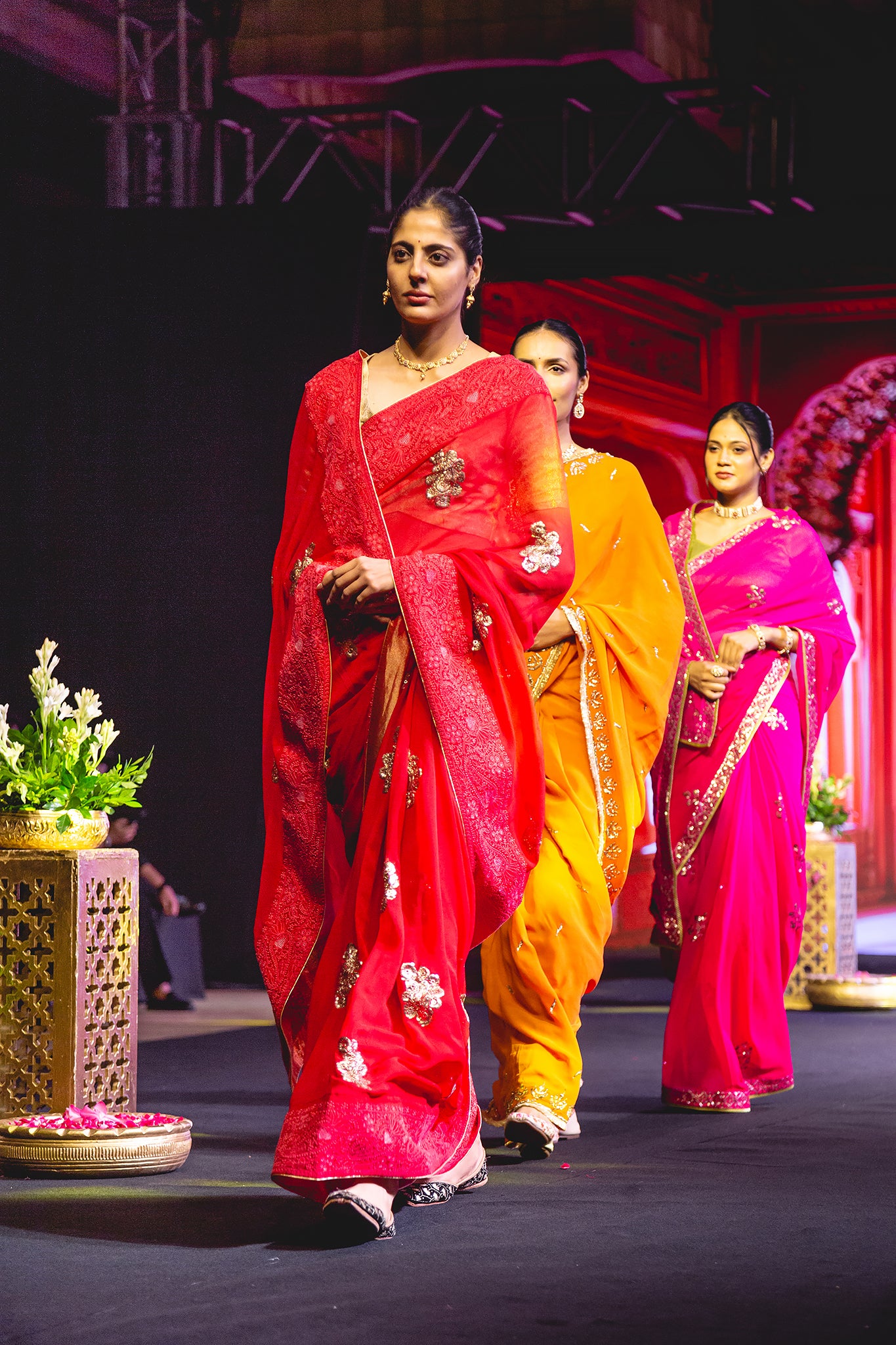 Red Pure Platinum Chiffon  Mukaish Chikankari Shadow  Handwork  Saree