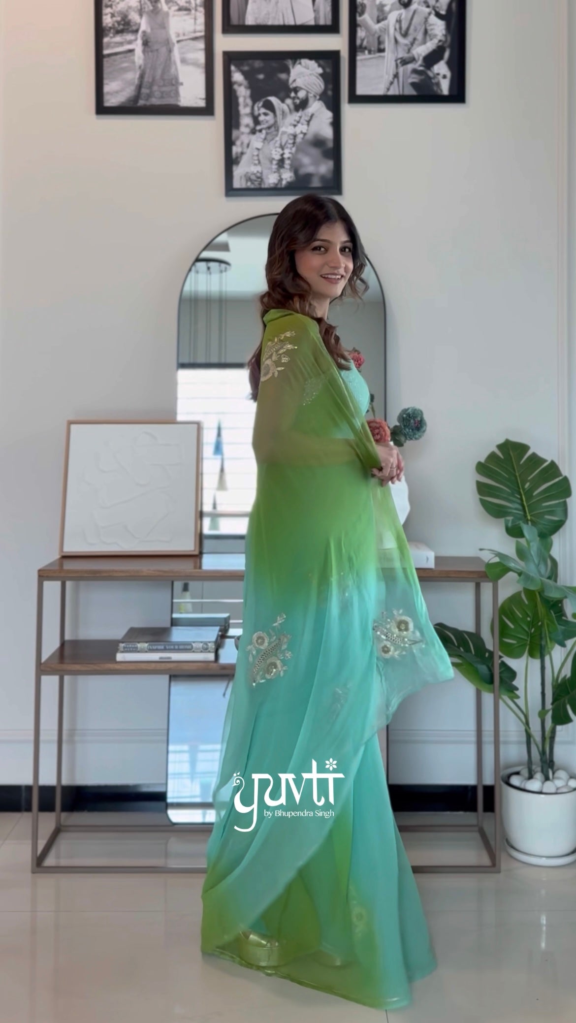 Green Blue Shaded Colour Visocse Chiffon Aari Tari Sequins Cutwork Saree