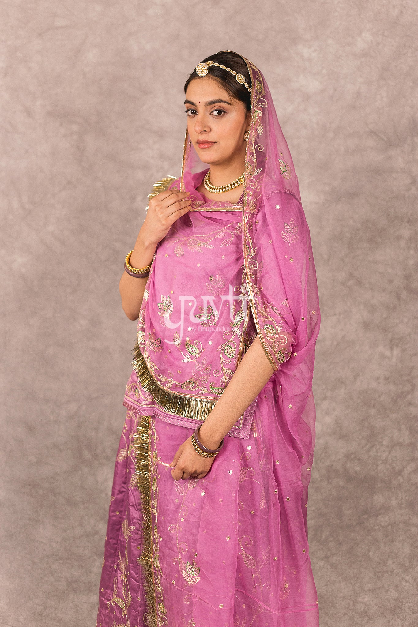 Lavender Bamber Satin Aari Salma Work Rajputi Poshak