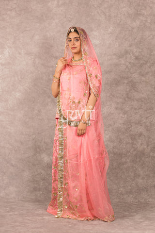 Peach Bamber Satin Aari sequins work Poshak