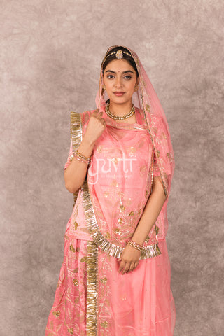 Peach Bamber Satin Aari sequins work Poshak