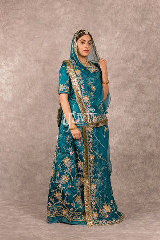 Rama Green Bamber Satin Zardozi work Poshak