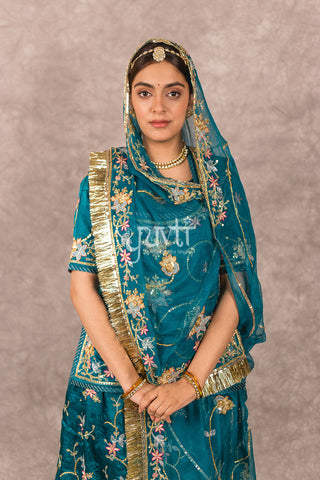 Rama Green Bamber Satin Zardozi work Poshak