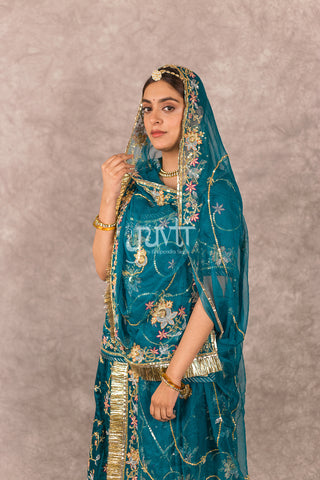 Rama Green Bamber Satin Zardozi work Poshak