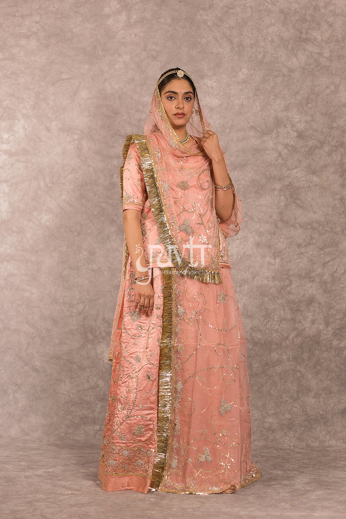 Peach Bamber Satin Zardozi Salma work Poshak