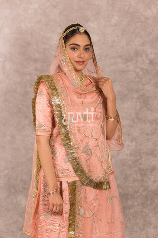 Peach Bamber Satin Zardozi Salma work Poshak