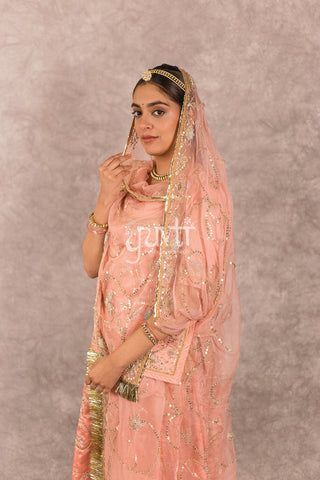 Peach Bamber Satin Zardozi Salma work Poshak