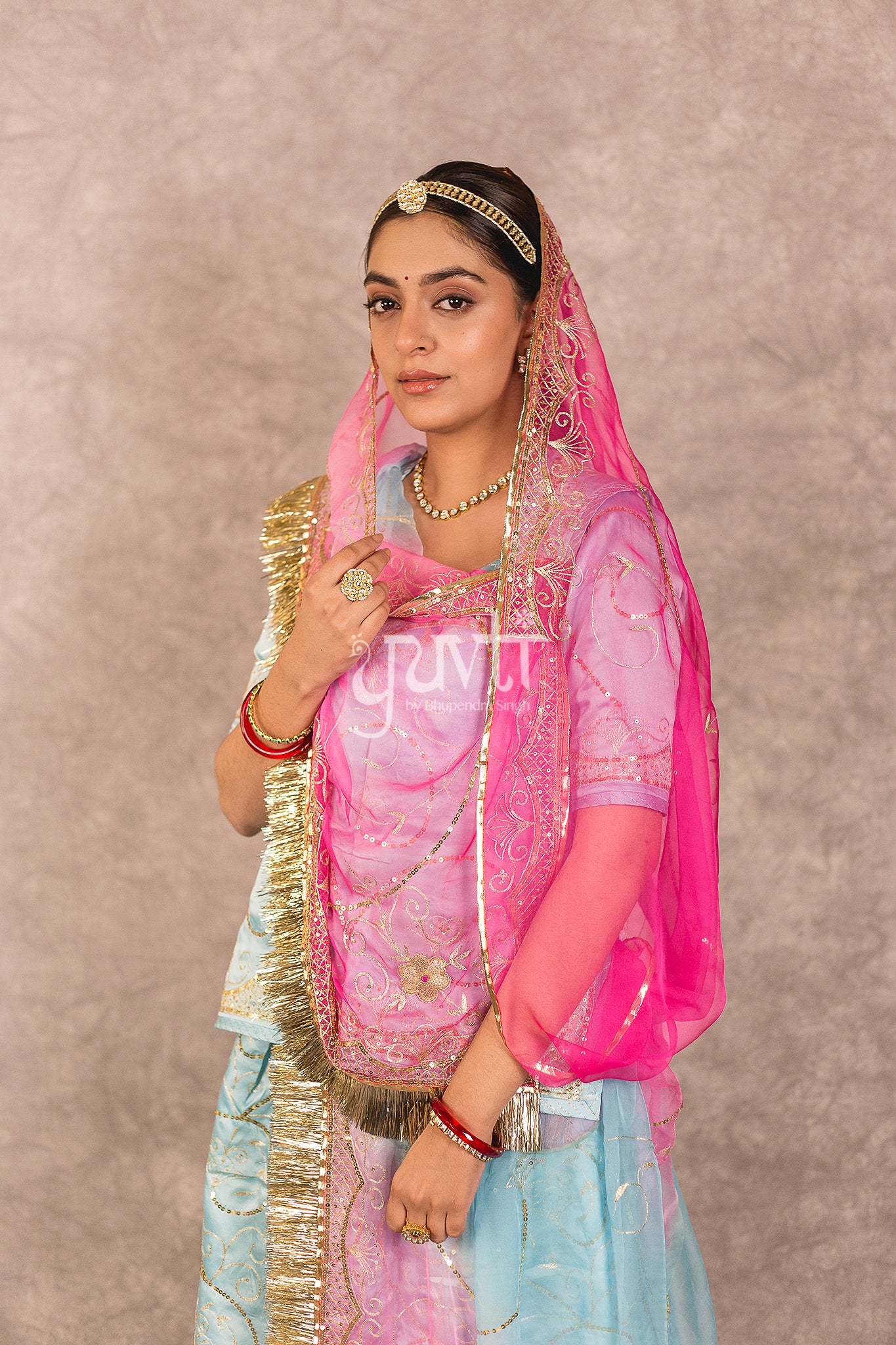 Sky Blue Bamber Satin Aari Sequins Jaal Work Rajputi Poshk with Multi Shaded Odhana