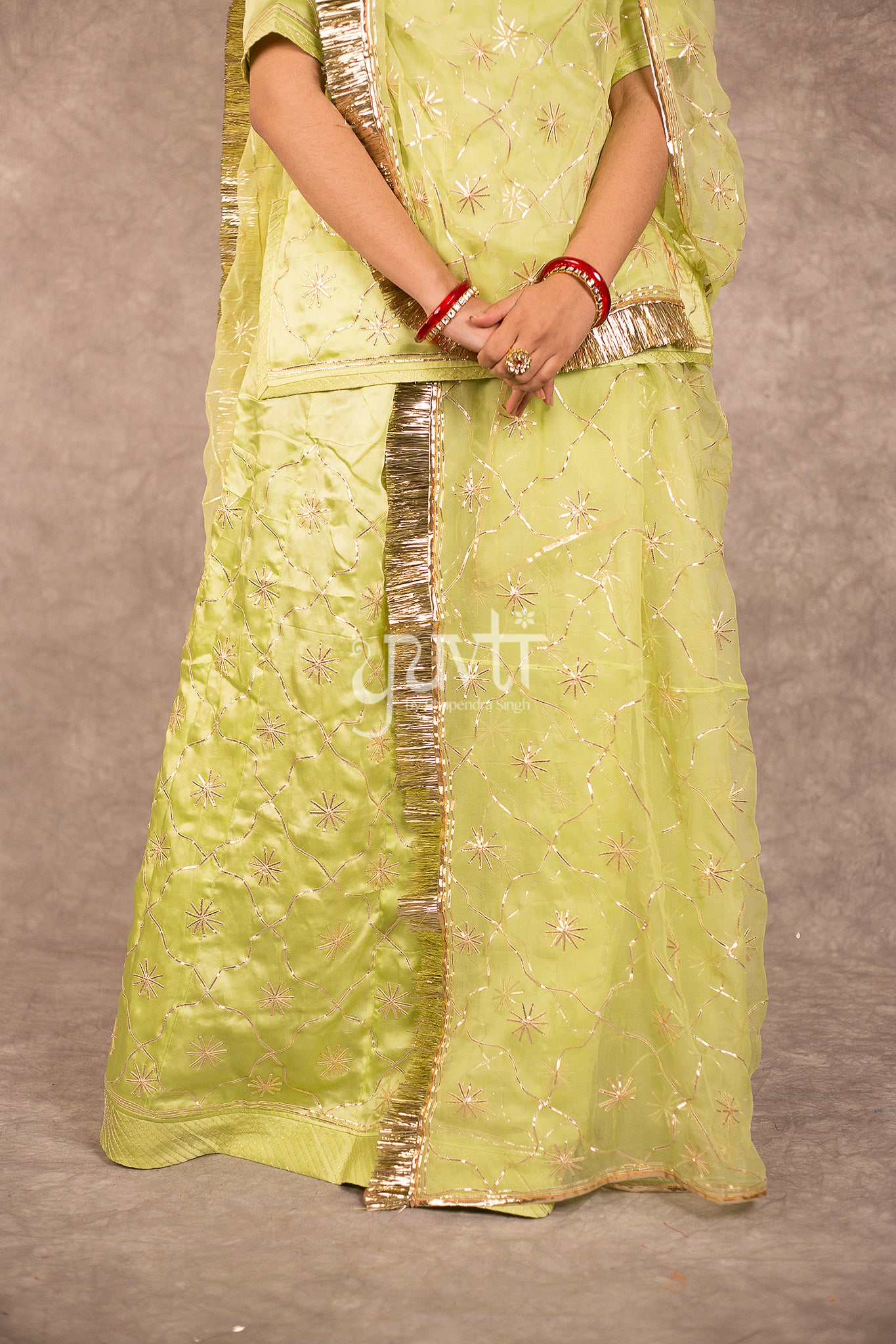 Pista Green Bamber Satin Sikhiya Jaal Work Rajputi Poshak