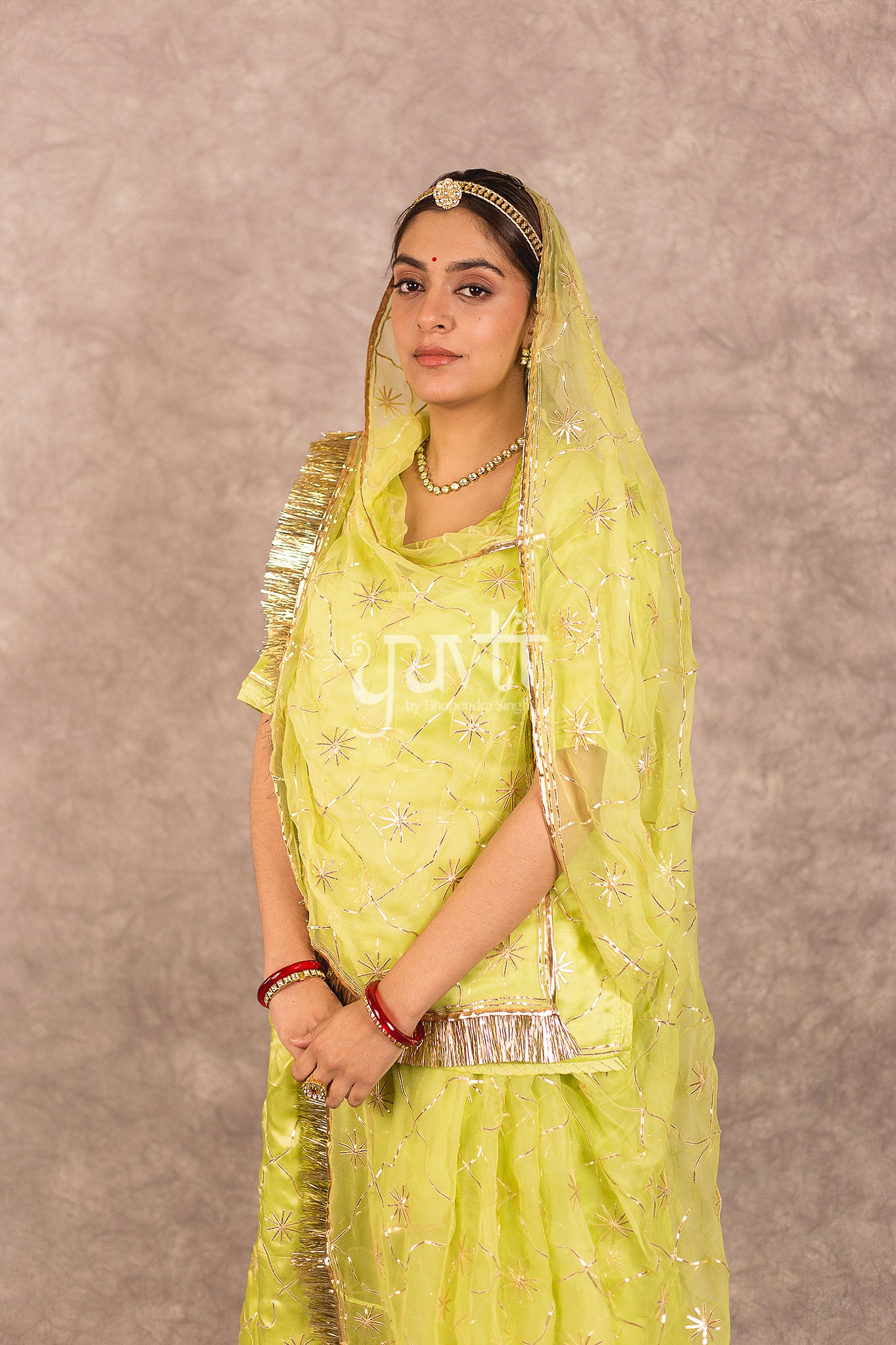 Pista Green Bamber Satin Sikhiya Jaal Work Rajputi Poshak