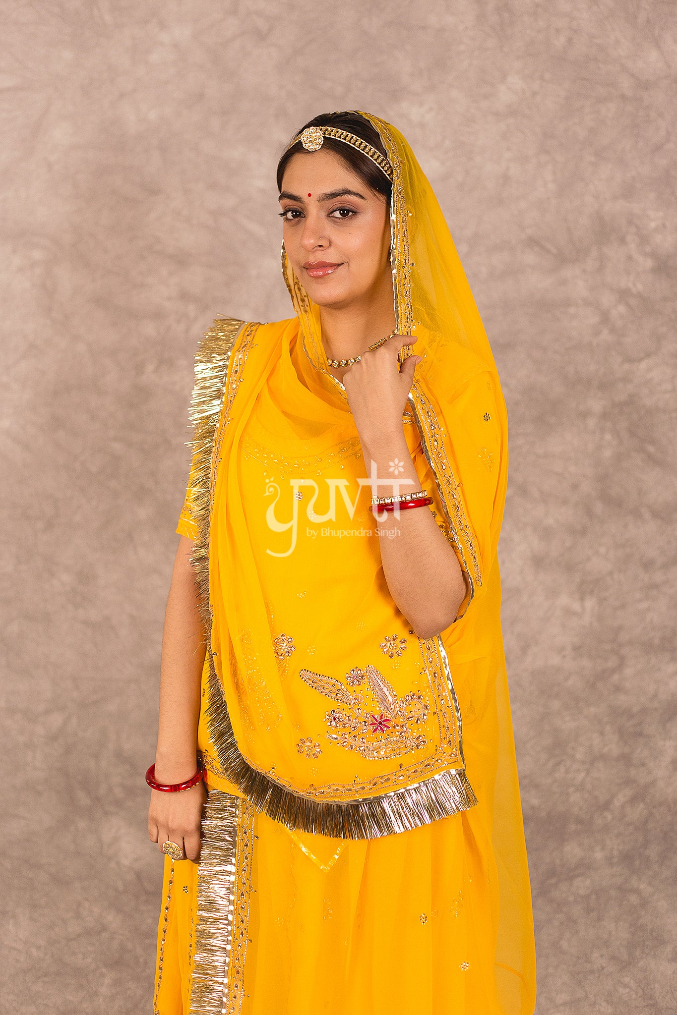 Yellow Semi Georgette Zardosi Resham Kundan Work Rajputi Poshak