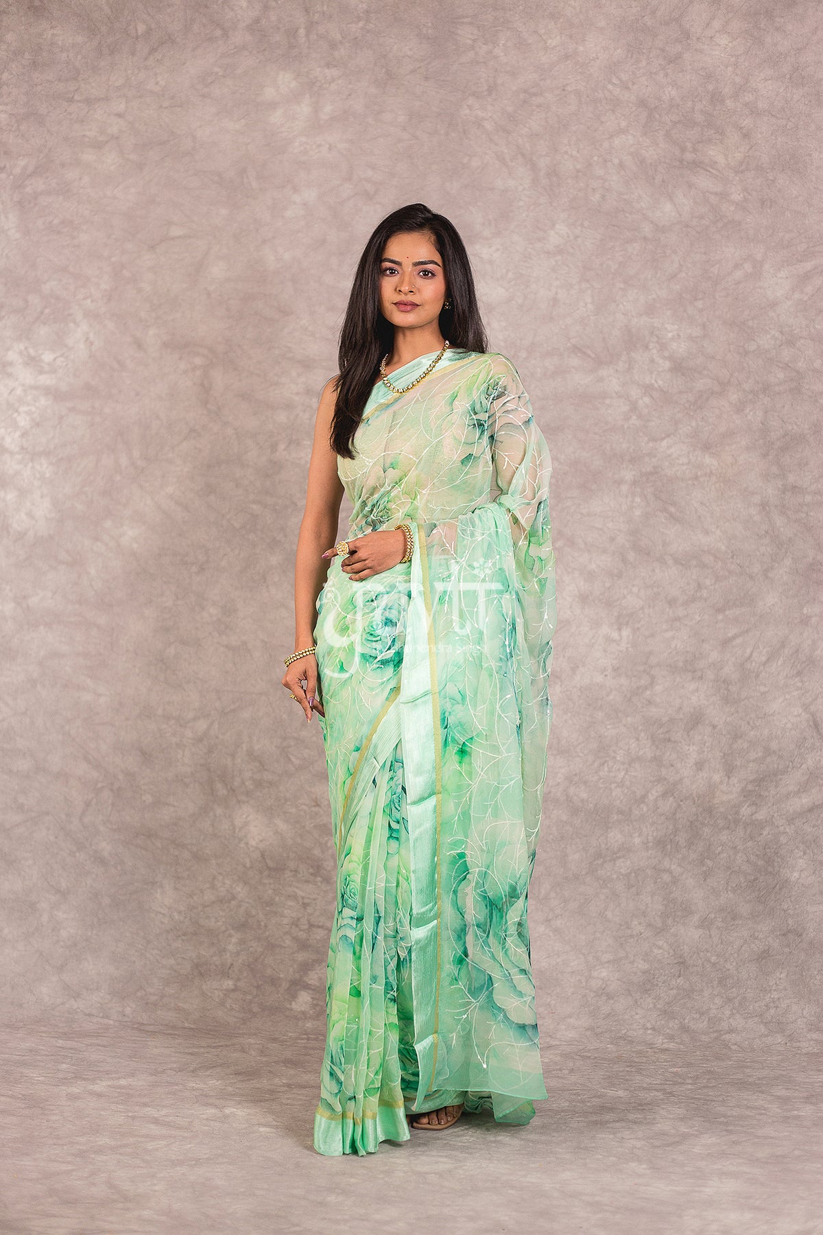 Sea Green Viscose Chiffon Resham Sequins Saree