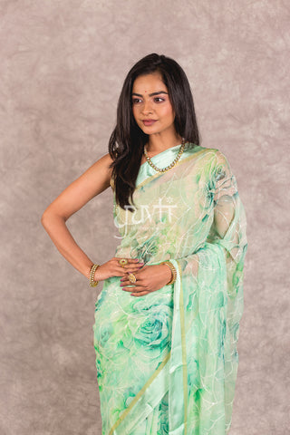 Sea Green Viscose Chiffon Resham Sequins Saree