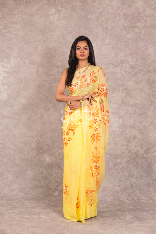 Yellow Handpainted Viscose Chiffon Saree