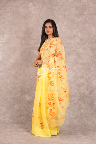 Yellow Handpainted Viscose Chiffon Saree