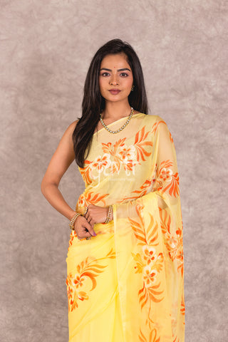 Yellow Handpainted Viscose Chiffon Saree