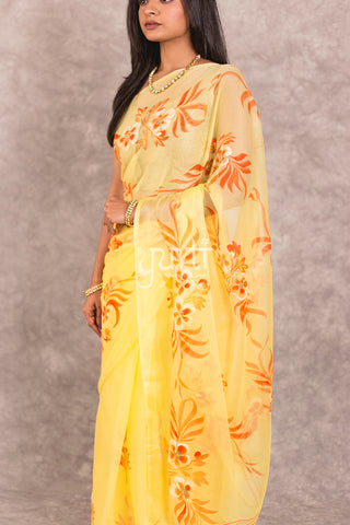 Yellow Handpainted Viscose Chiffon Saree