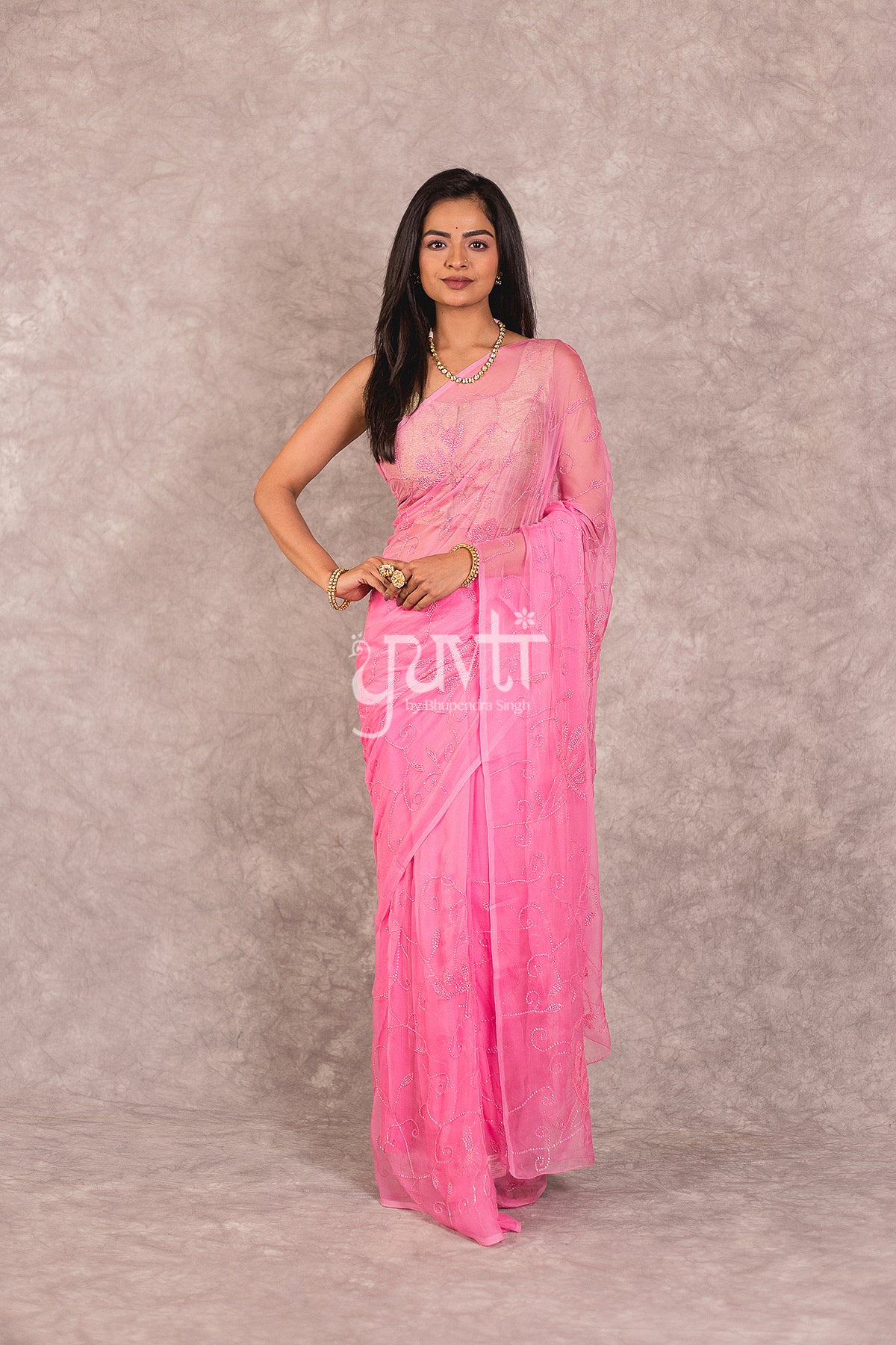 Pink Viscose Chiffon Resham Sequins work Saree