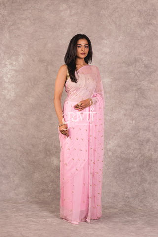 Pink Viscose Chiffon Kardhana Kundan work Saree