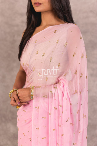 Pink Viscose Chiffon Kardhana Kundan work Saree