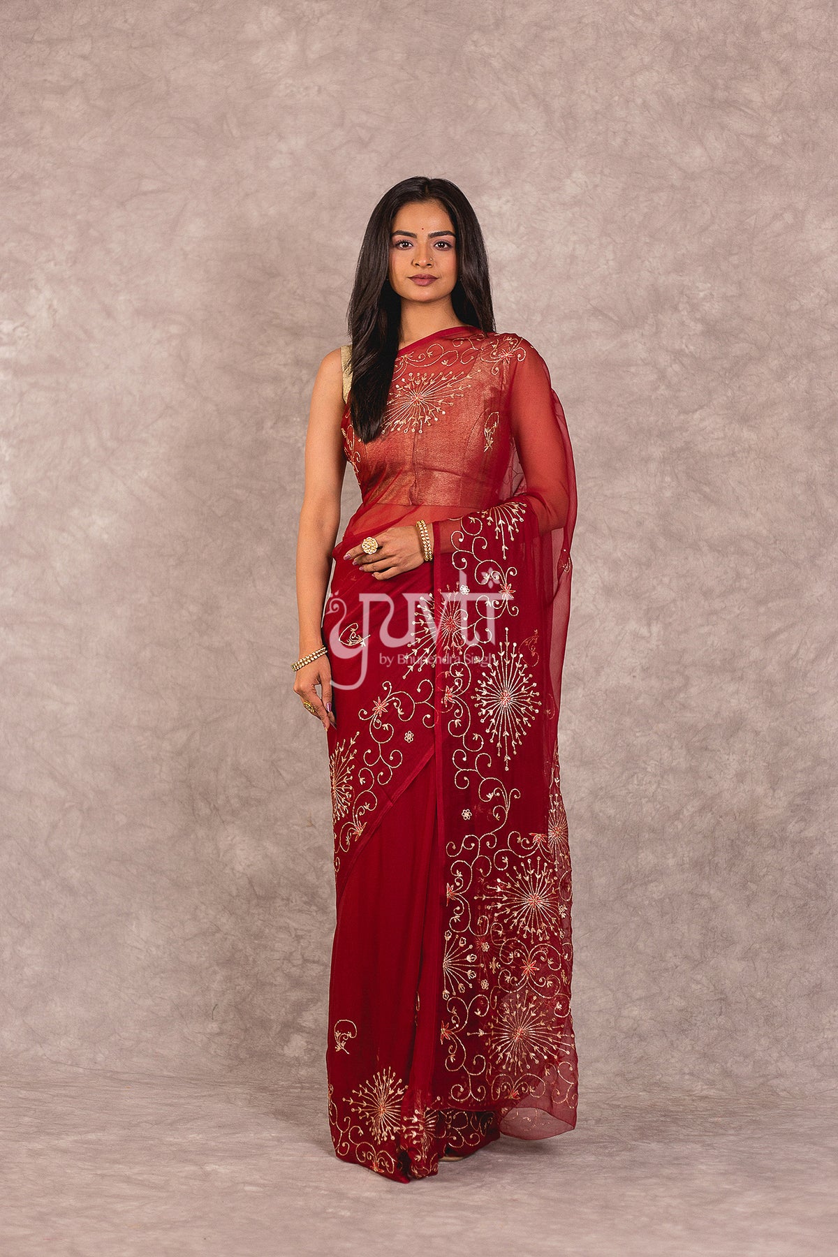 Red Viscose Chiffon Aari Resham work Saree