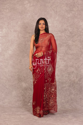 Red Viscose Chiffon Aari Resham work Saree