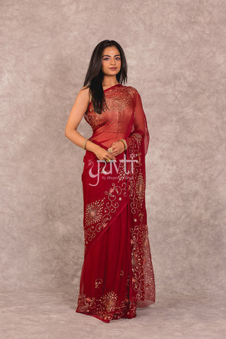 Red Viscose Chiffon Aari Resham work Saree