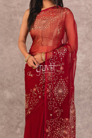 Red Viscose Chiffon Aari Resham work Saree